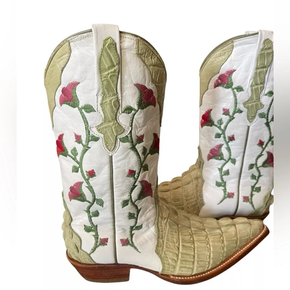 Botas Aguila Real Crocodile Boots Green Floral Leather Women’s Size 4.5
